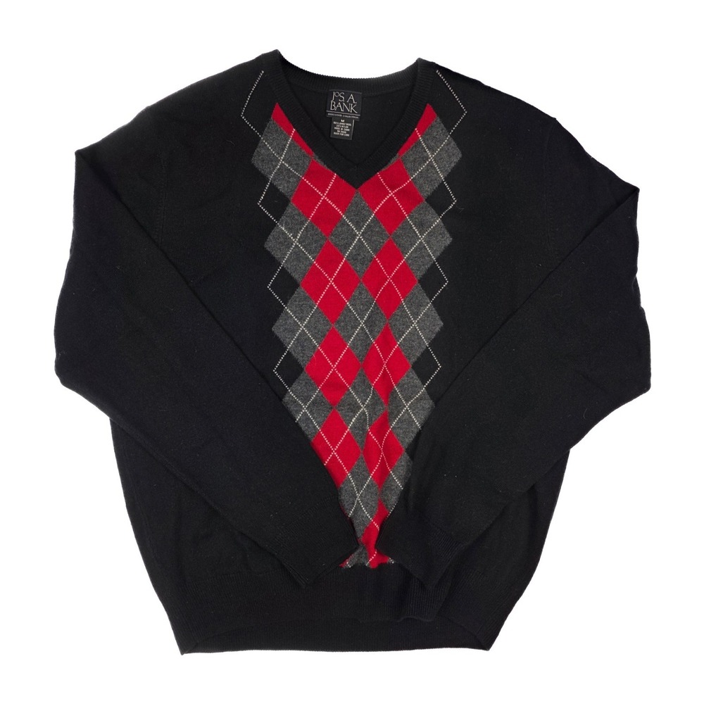 Jos. A Bank Black Red Argyle Lambs Wool Blend Pullover Sweater‎ Men's Size M